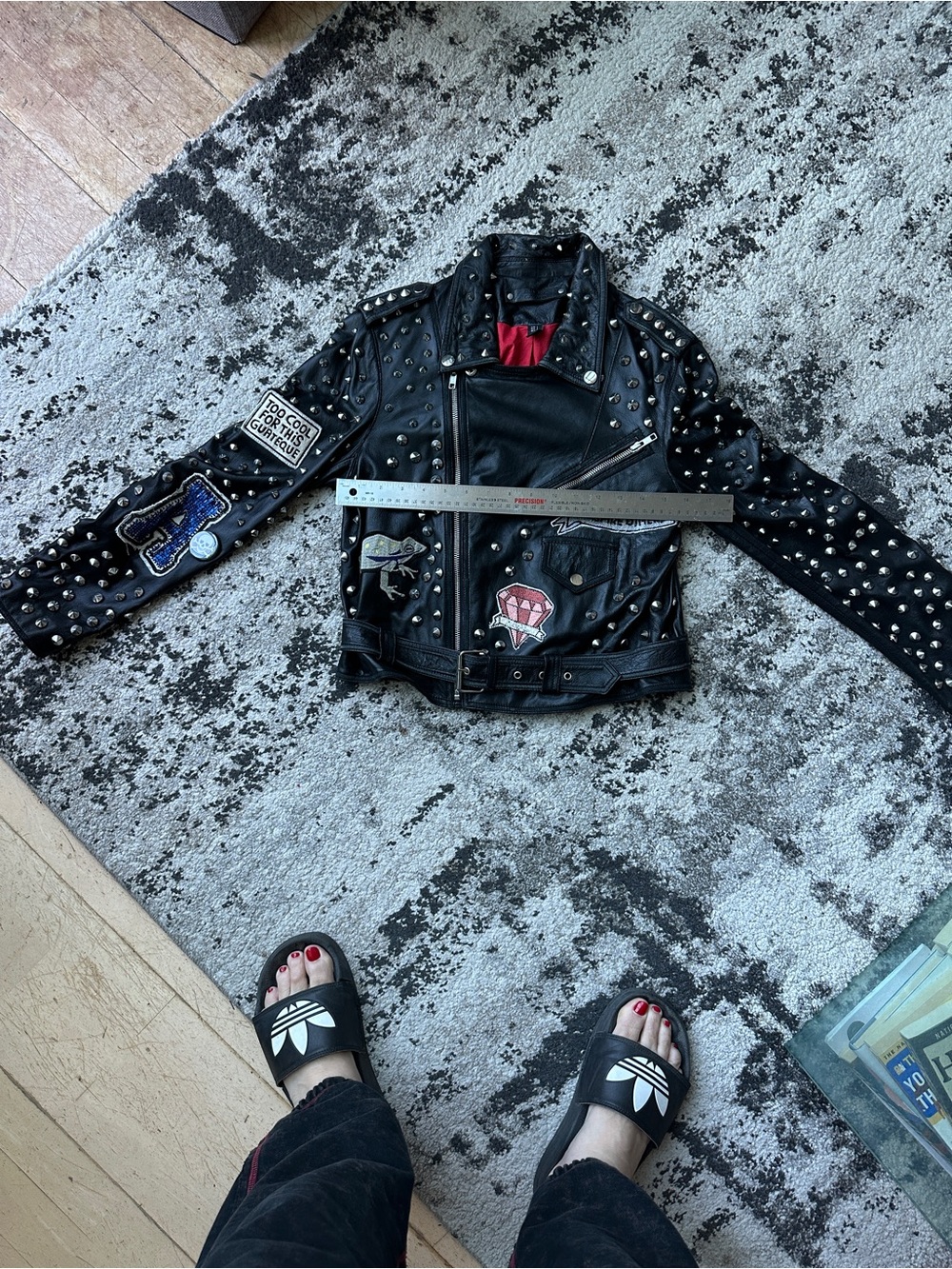 Zara Black Studded Leather Biker Jacket with Red Lining and Patchwork
